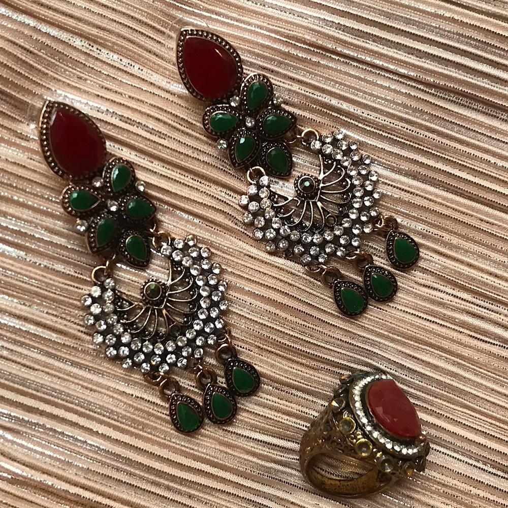 Rare Victorian Era Red Green Filigree Dangle Indian Earrings & Teardrop Ring EUC